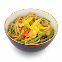 UDON noodles with chicken, eggs, vegetables and champignons